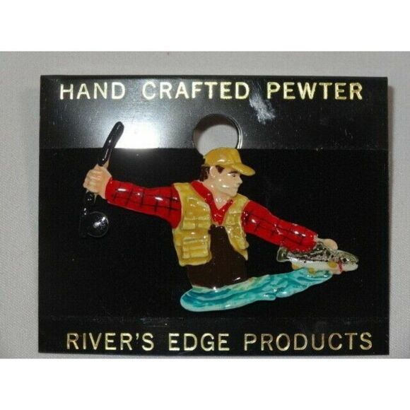 River's Edge Hand Crafted Pewter Pinback Fly Fishing Fisherman Painted Jewelry - Picture 2 of 2
